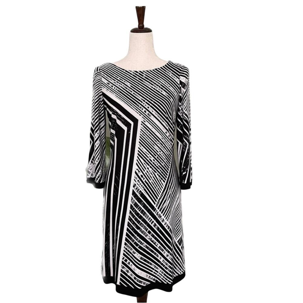 Calvin Klein A-Line Shift Dress 3/4 Sleeve Geometric Print Size 2 Black White